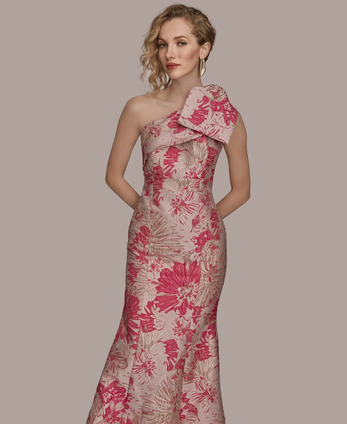 Donna Karan New York Women's Jacquard Bow-Trim One-Shoulder Gown