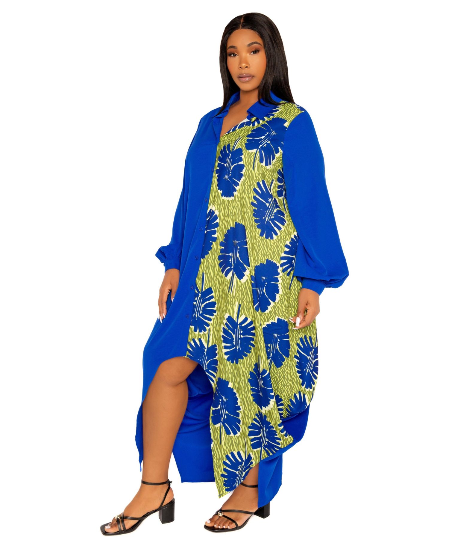 Women's Plus Size Contrast Print Drapy Shirt Maxi Dress