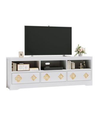 70in TV Stand for TVs Up to 85", Mid Century Modern Entertainment Center with Storage Engraving Drawer and Open Shelves