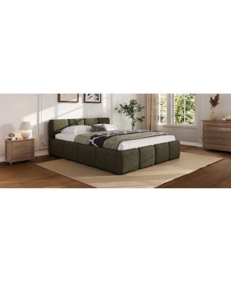 Boucle Platform Bed with Thick Headboard and Footboard