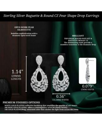 Sterling Silver Baguette & Round CZ Pear Shape Drop Earrings