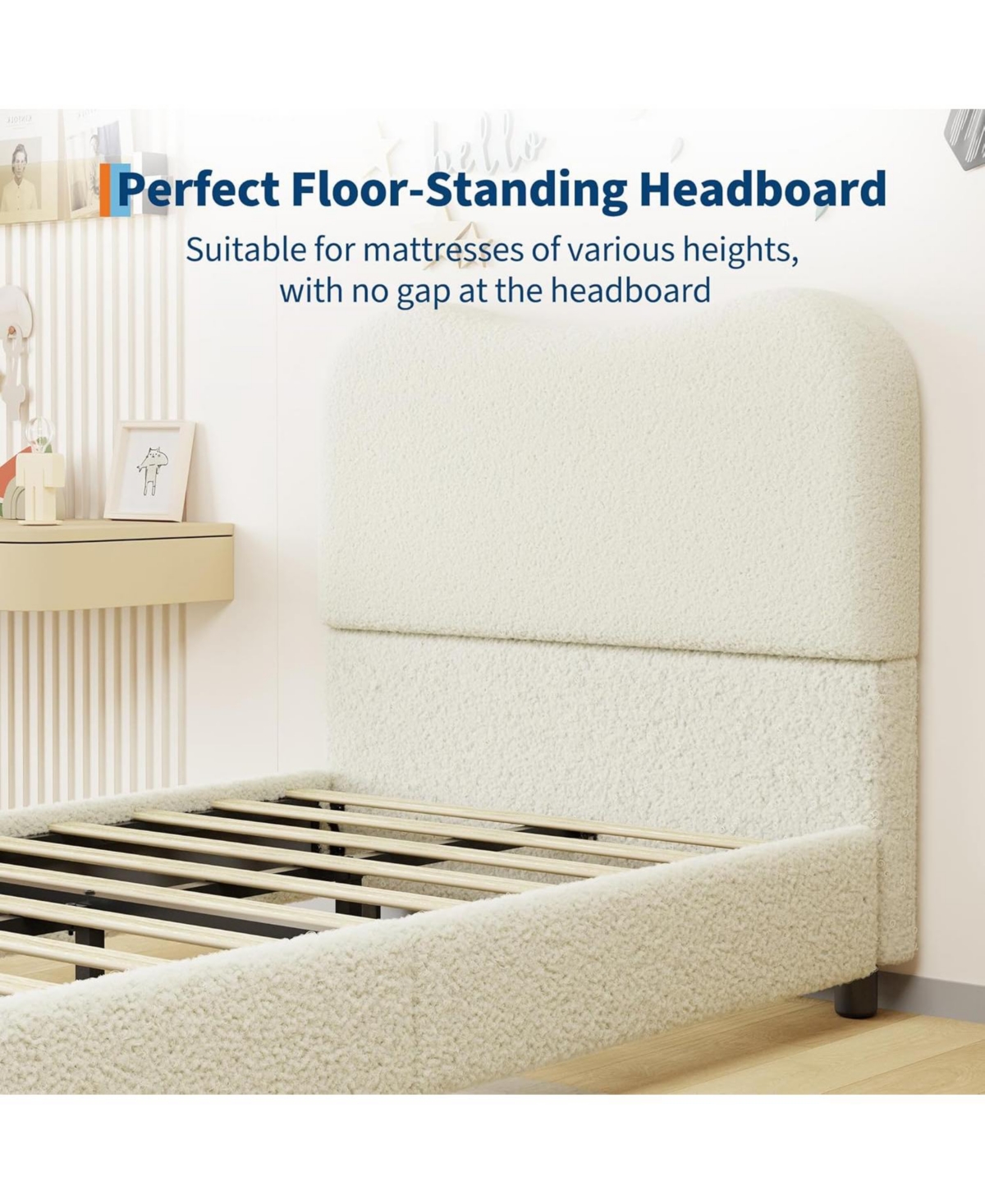 gaomon Bed Frame with Upholstered Headboard, Soft Low Profile Sturdy Platform Rounded Corners Design, Wooden Slats