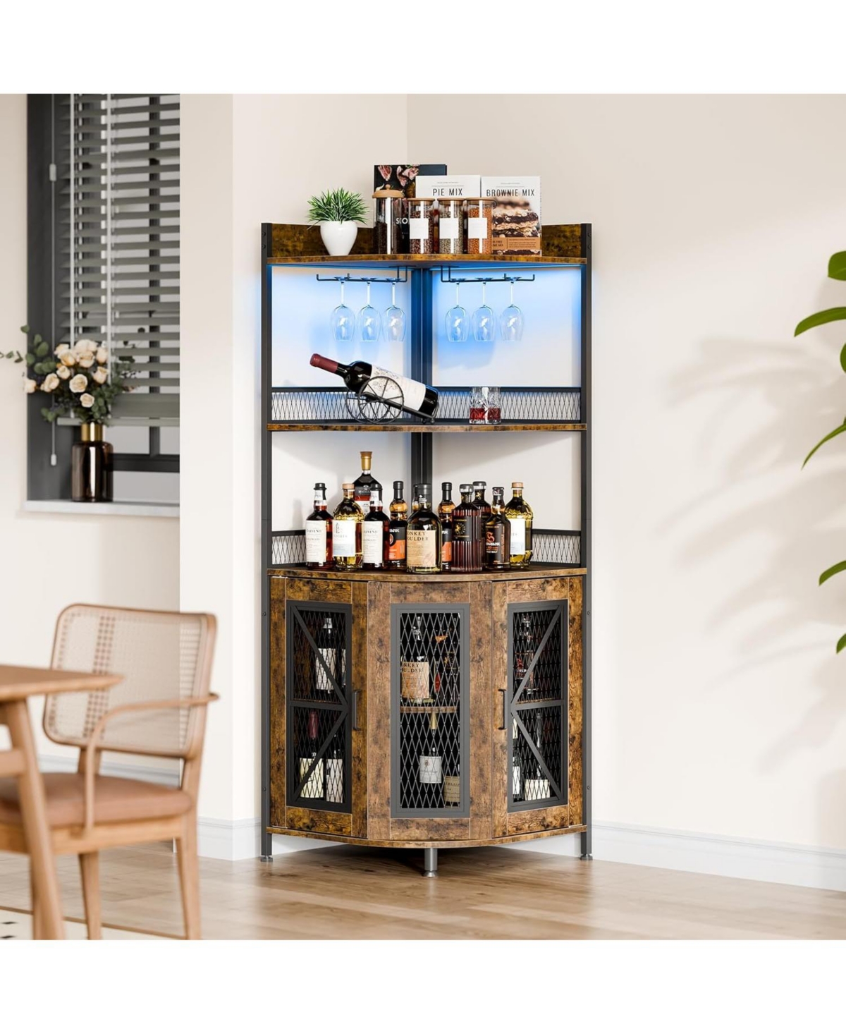 gaomon Corner Bar Cabinet with Led Strip 5-Tiers Industrial Bar Cabinet with Power Outlet & Glass Holder Wine Cabinet for Home Bar Display Cabinet
