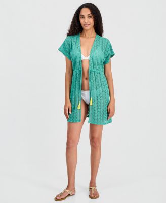Women's Crochet Tassel Short-Sleeve Swim Cover-Up Kimono