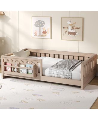  Wood Twin Platform Bed with Guardrail & Storage Shelves