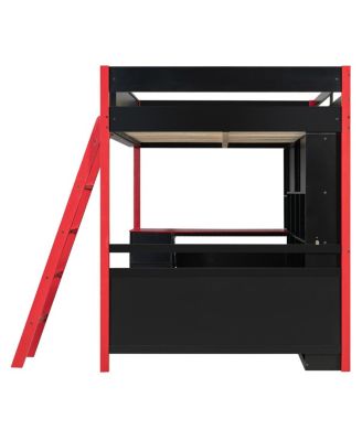 Full Size Wood Loft Bed with Desk, Ample Storage Space and Light