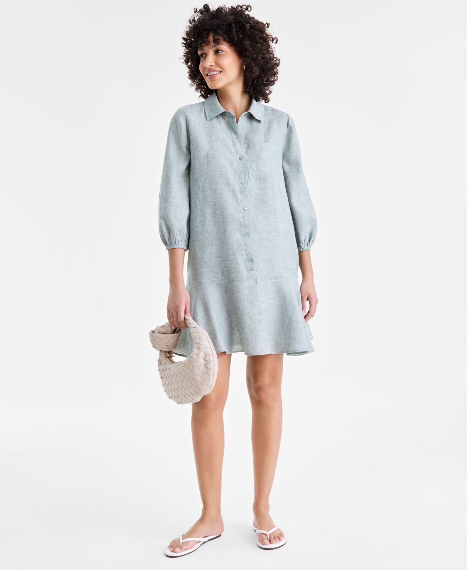 Plus Size 100% Linen Collared Flounce Dress