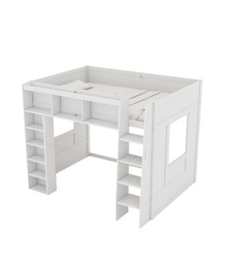 Queen Size Wooden Loft Bed with Storage Cabinets and Shelves