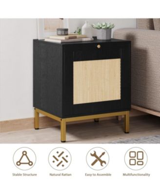 Rattan Night Stand, Modern Farmhouse Pattern Side Table, End Table with Tray, Sofa Table with Storage Shelf for Bedroom, Living Room