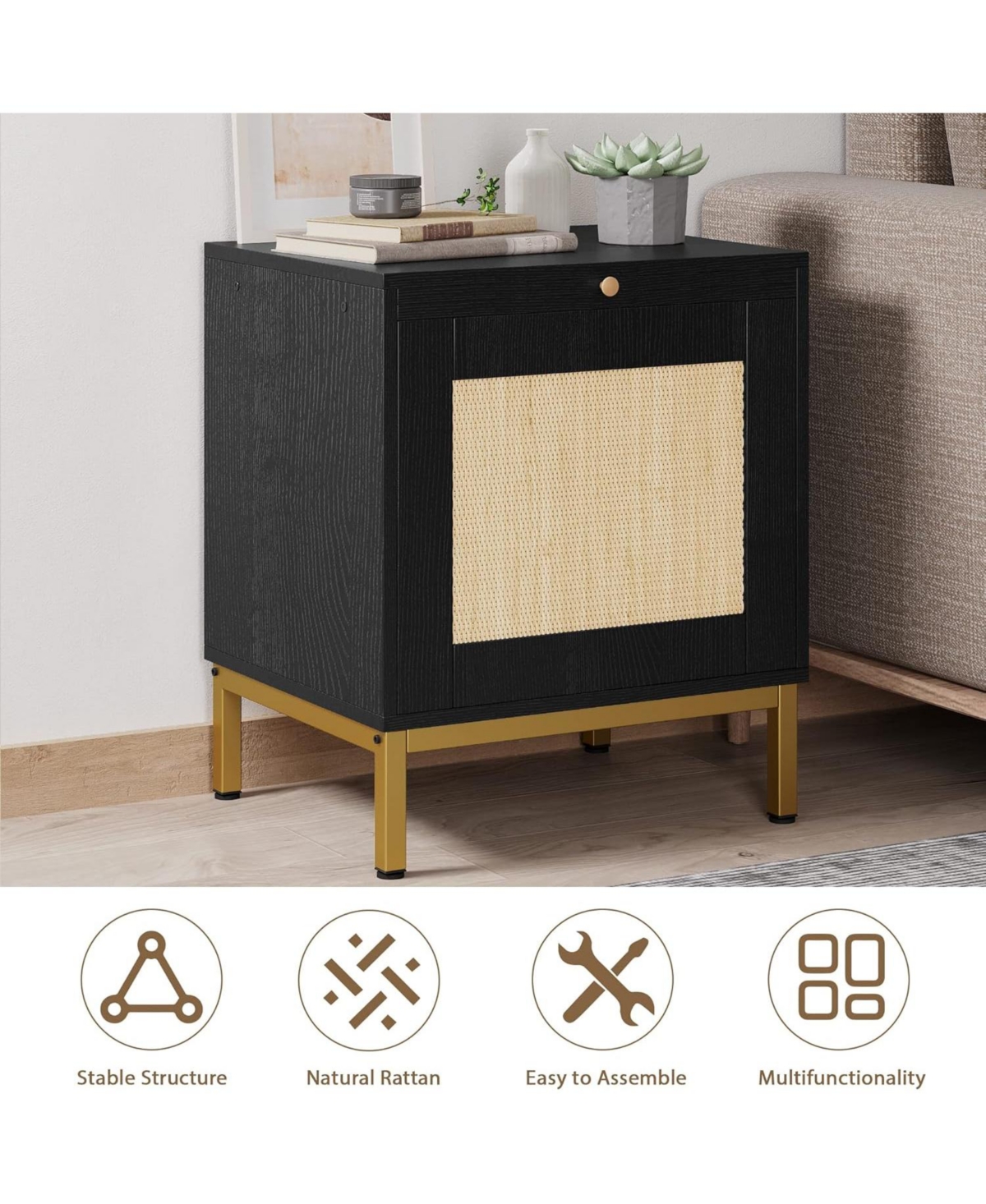 gaomon Rattan Night Stand, Modern Farmhouse Pattern Side Table, End Table with Tray, Sofa Table with Storage Shelf for Bedroom, Living Room