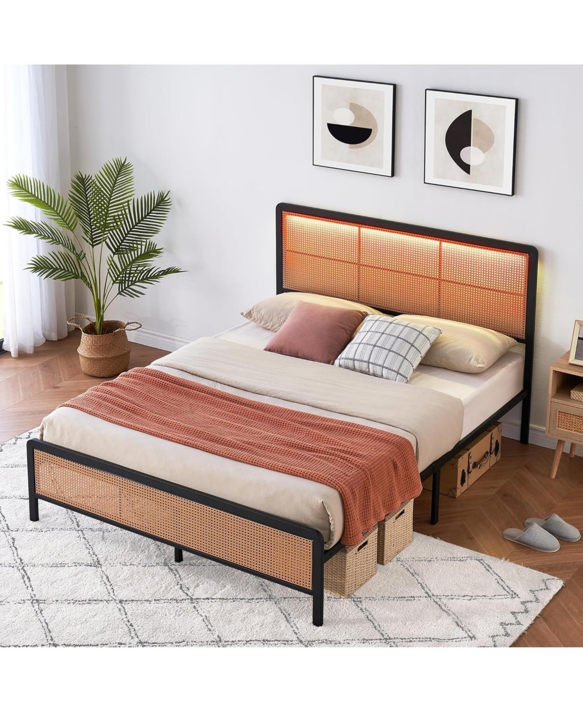 Gaomon Full Rattan Platform Bed Frame with Led Light Headboard
