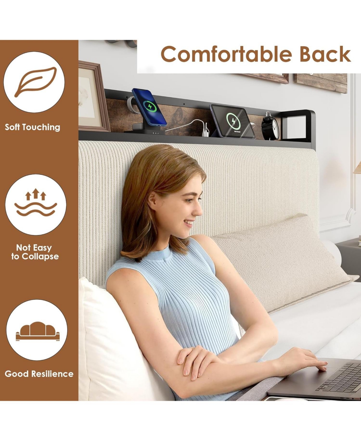 Gaomon Twin Size Bed Frame with 2 storage drawers & charging station, rustic linen upholstered platform bed with storage headboard, noise-free