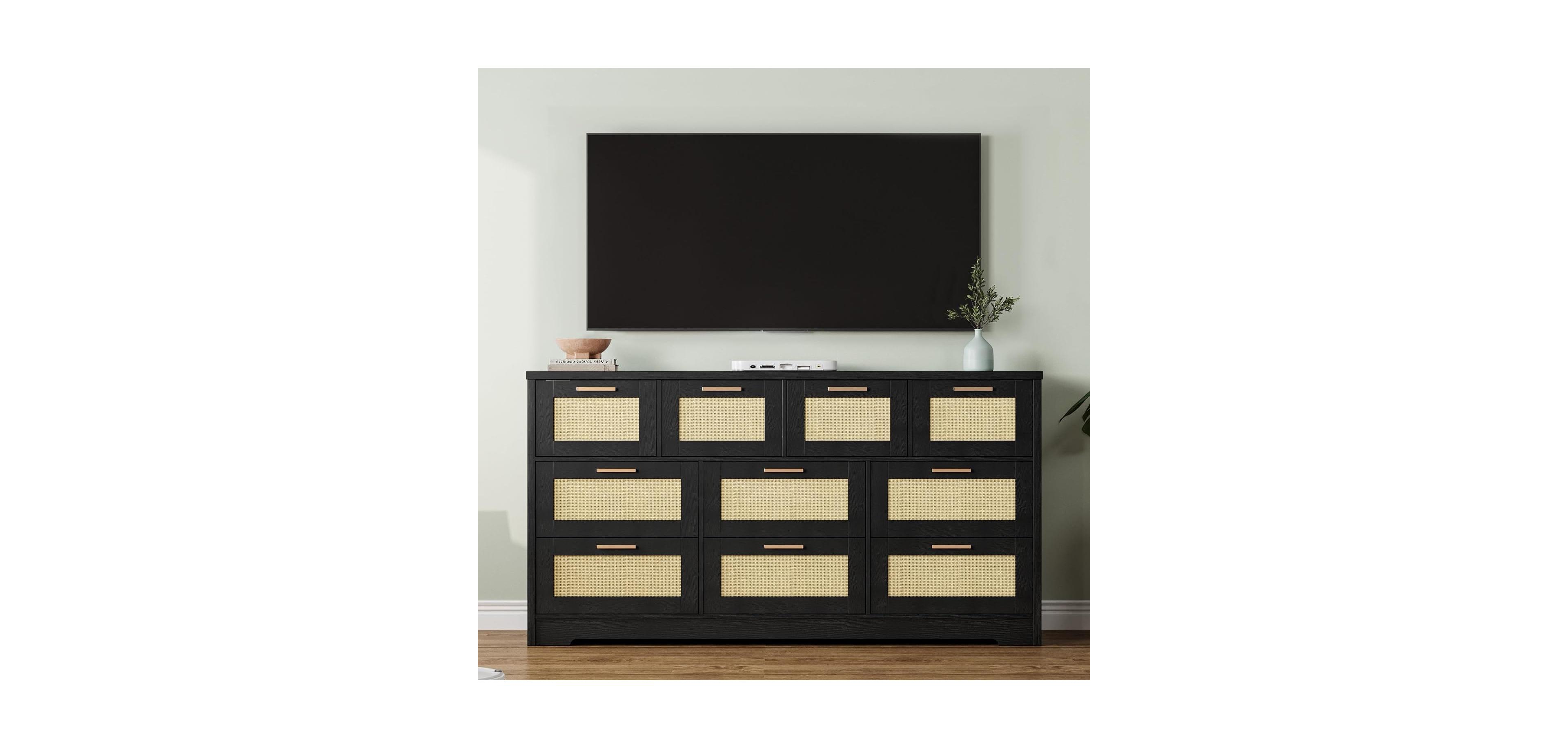 Gaomon Rattan Dresser with 10 Drawers – Bedroom Storage Chest with Tabletop Organizer and Tv Stand for Living Room and Hallway 60x16x32 Inches