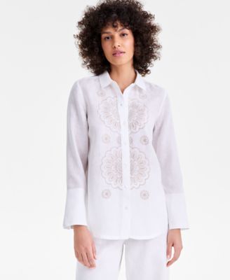 Women's 100% Linen Embroidered Long-Sleeve Shirt
