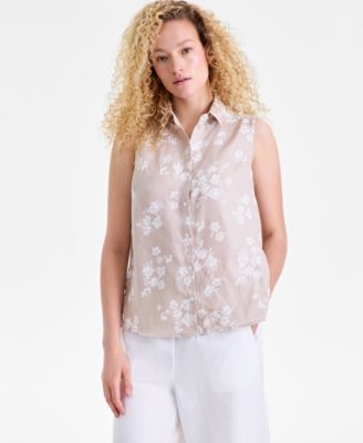 Women's 100% Linen Sleeveless Button-Front Shirt