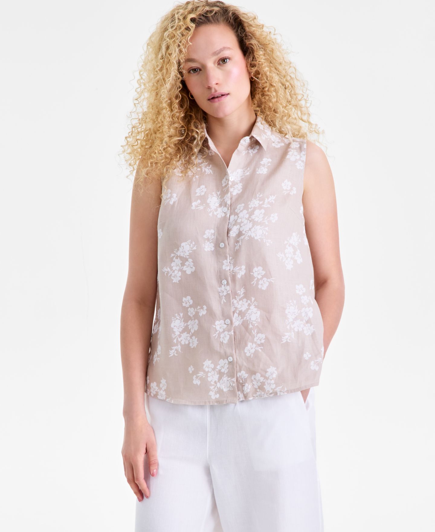 Женская рубашка Charter Club 100% Linen Sleeveless Button-Front, цвет: С принтом — фото 1