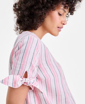 Women's 100% Linen Split-Neck Tie-Cuff Top