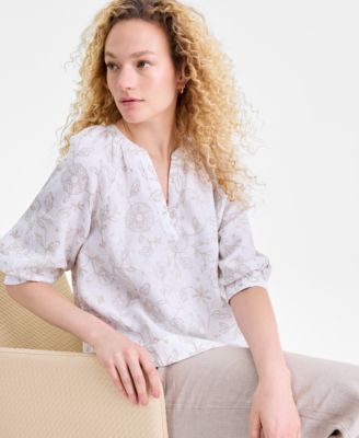 Women's 100% Linen Embroidered Popover Blouse