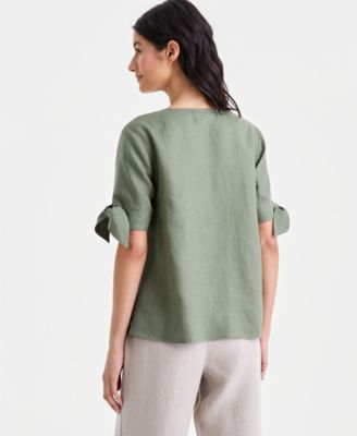 Women's 100% Linen Split-Neck Tie-Cuff Top