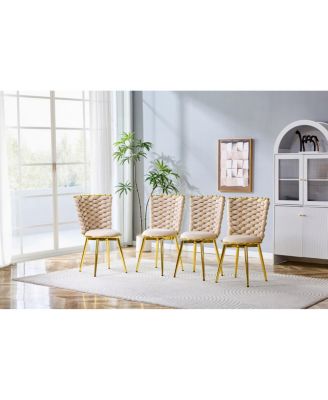 Set of 2 Modern Luxury Velvet Dining Chairs with Gold Legs & Woven Rope