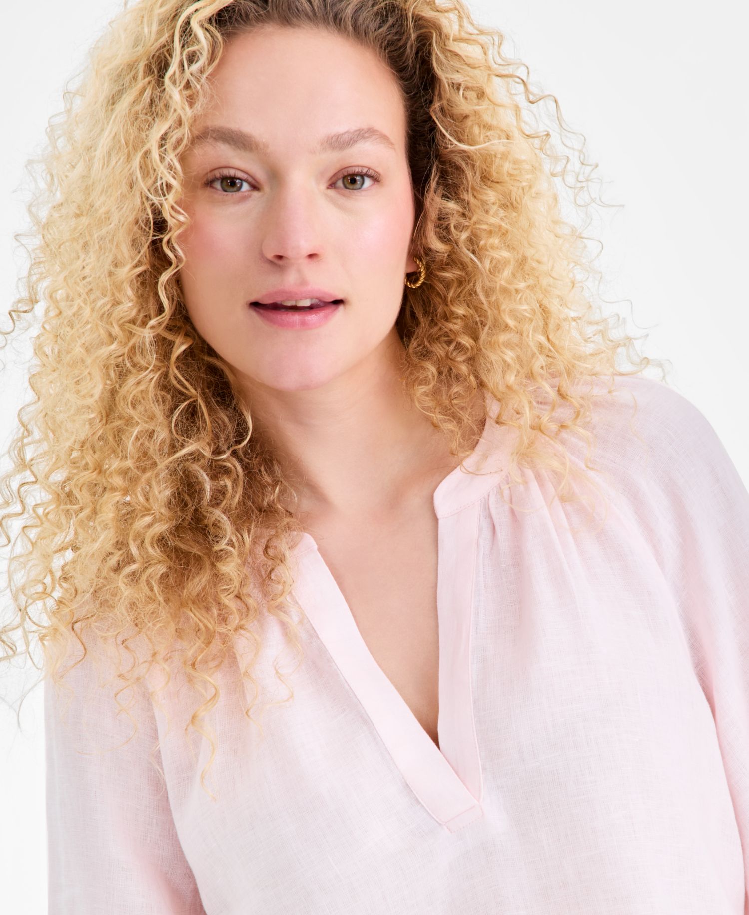 Women's 100% Linen Split-Neck 3/4-Sleeve Blouse