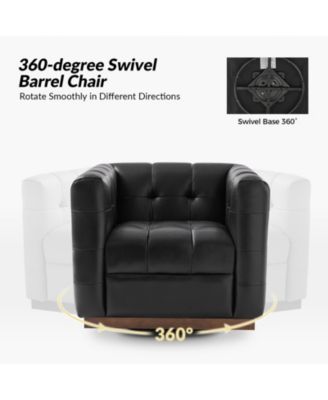 Sonika Genuine Leather Square Swivel Barrel Club Chair with Solid Wood Frame