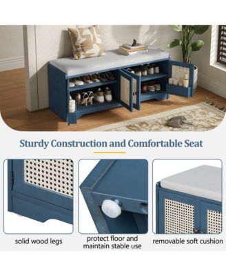 Rustic Storage Bench - Wood Shoe Cabinet Storage Ottoman with Removable Cushion, Woven Rattan Doors, Adjustable Shelves for Hallway