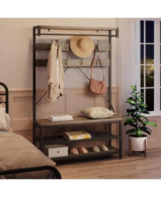 72" Metal Frame Hall Tree - Coat Rack Shoe Bench with Hooks & Storage Shelves