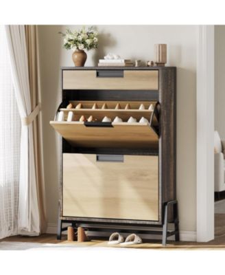 Oak Farmhouse Narrow Entryway Shoe Cabinet - 2 Flip Drawers + 1 Top Drawer Storage Organizer