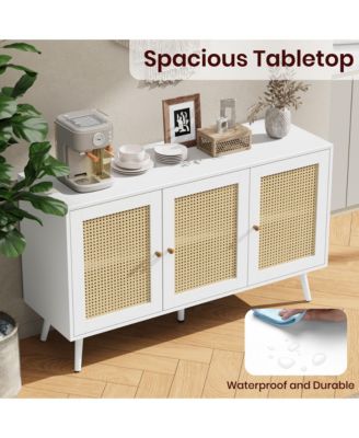 Rattan Storage Cabinet with 3 Doors, Boho Sideboard Buffet Cabinet Wood Farmhouse Credenza Cabinet
