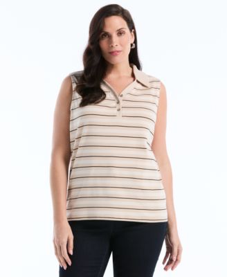 Plus Size Stripe Sleeveless Polo Top