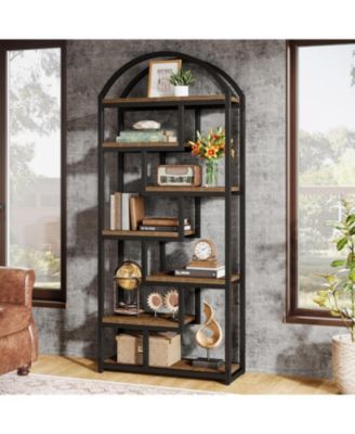 71" Tall Arched Bookshelf, Industrial Etagere Bookcase with Open Display Shelves, Floor Stand Storage Organizer Shelving