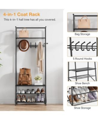 60cm Hall Tree - 5 Hooks 4-Tier Shelf Metal & MDF Entryway Storage Organizer