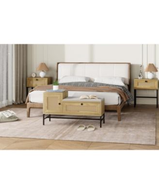 Oak Rattan Entryway Shoe Bench - Wooden with Linen Cushion Storage Drawer & Cabinet