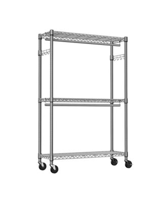Heavy Duty Rolling Garment Rack - 3 Tiers Adjustable Wire Shelving, Clothes Rack with 2 Rods and Side Hooks for Bedroom and Cloakroom, Chrome