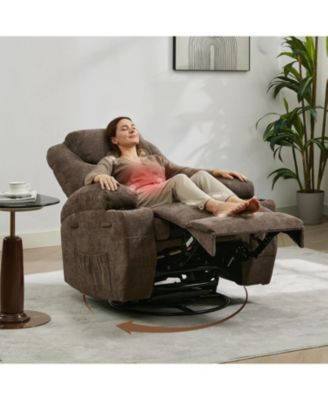 360&deg; Swivel Rocking Recliner Chair, Manual Fabric Nursery Recliner Glider with with Massage and Heating, Extented Footrest