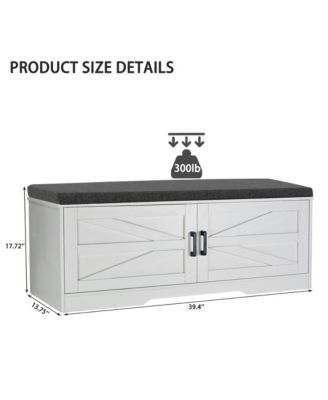 2-Tier Storage Bench, Modern Entryway Bench with Soft Cushions, 2 Barn Doors and 2 Adjustable Shelves for Foyer, Living Room and Hallway