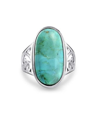Large Oval Cabochon Western Natural Turquoise Statement Ring Filigree Scroll Band .925 Sterling Silver