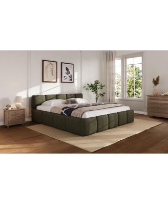 87 inches King Size Platform Bed, Thick Linen Headboard/Footboard