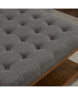 Large Square Tufted Linen Ottoman Coffee Table with Solid Wood Shelf - Granite