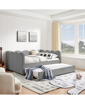 Cozy Gingham Daybed with Twin Trundle, USB Port, Linen Fabric