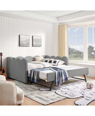 Cozy Gingham Daybed with Twin Trundle, USB Port, Linen Fabric