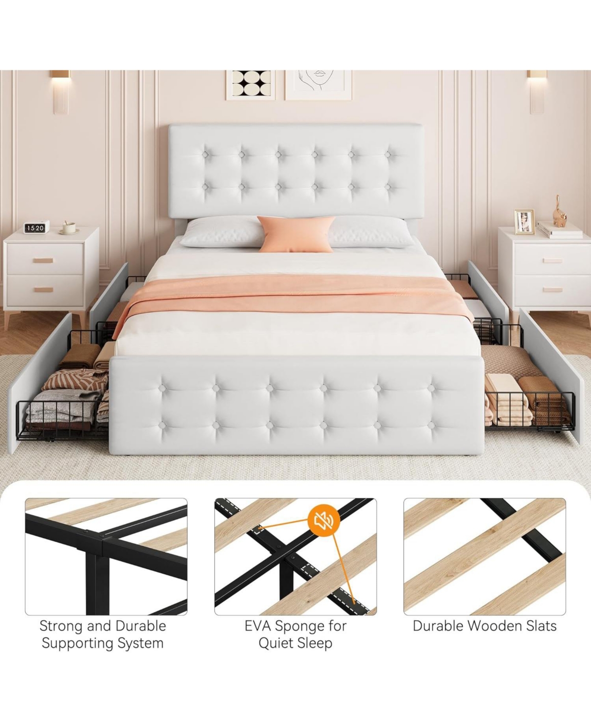 gaomon Bed Frame with 4 Storage Drawers Headboard