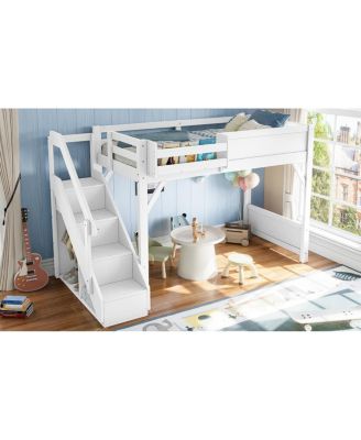 Twin Loft Bed with Wardrobe, Storage, Shelves, Guardrails, Stairs