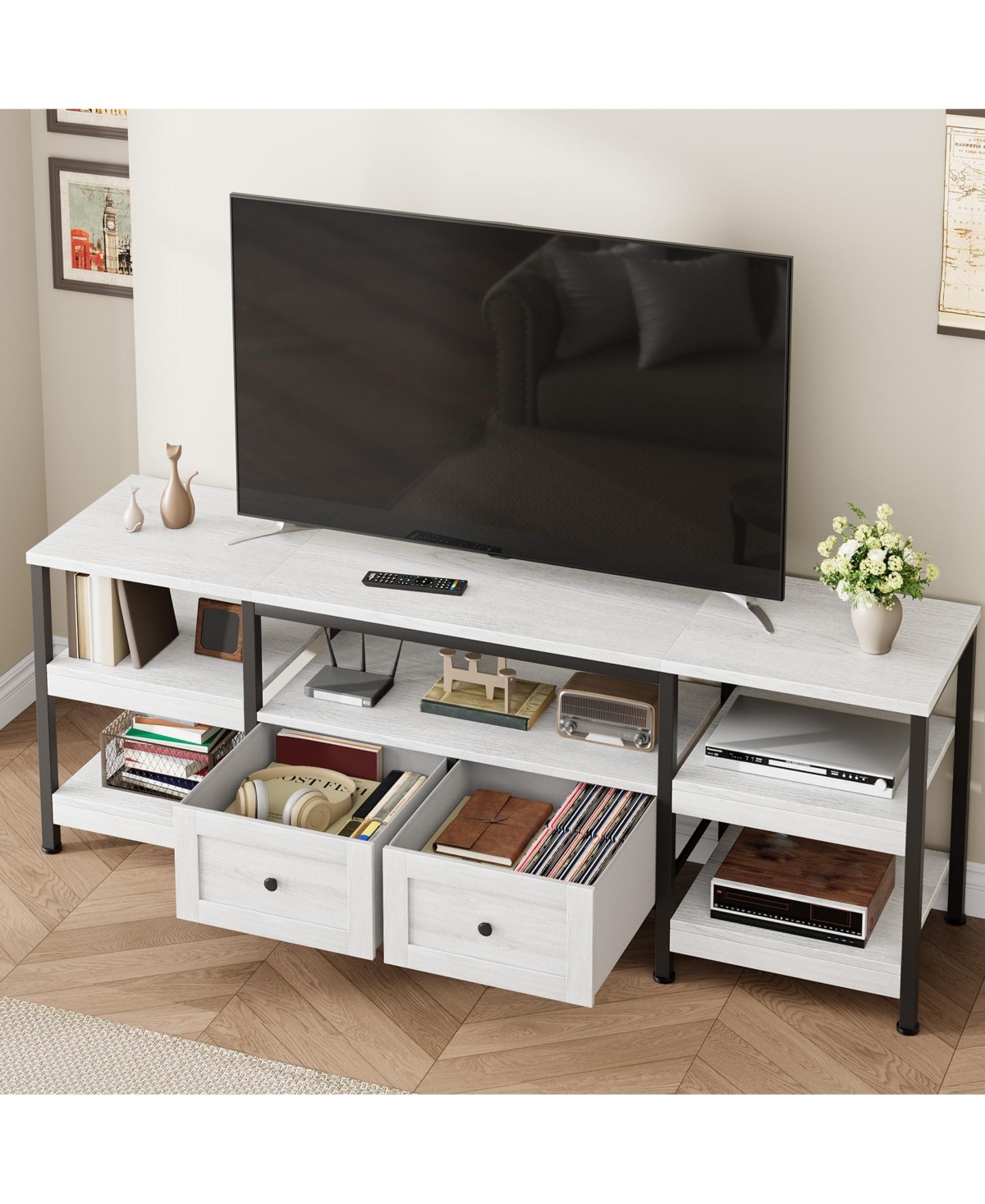 gaomon Industrial Media Console,Rustic Entertainment Center,Metal Frame Tv Stand with Storage DrawerFarmhouse Modern Tv Cabinet