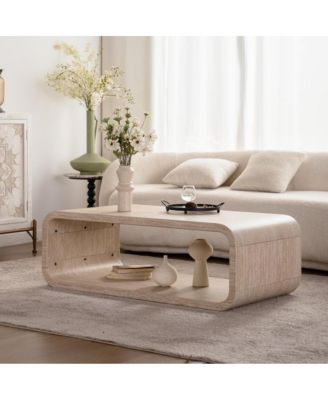 Modern Open-Frame Curved Light Wood Coffee Table with Storage
