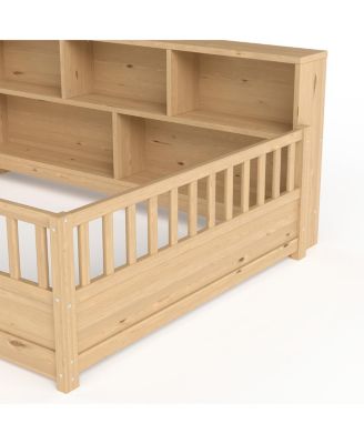 Wooden floor bed with fence guardrail & side storage.