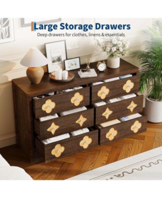 6 Drawer Dresser for Bedroom, Wide Boho Chest of Drawers with Wooden Storage Cabinet and Decorative Front Organizer