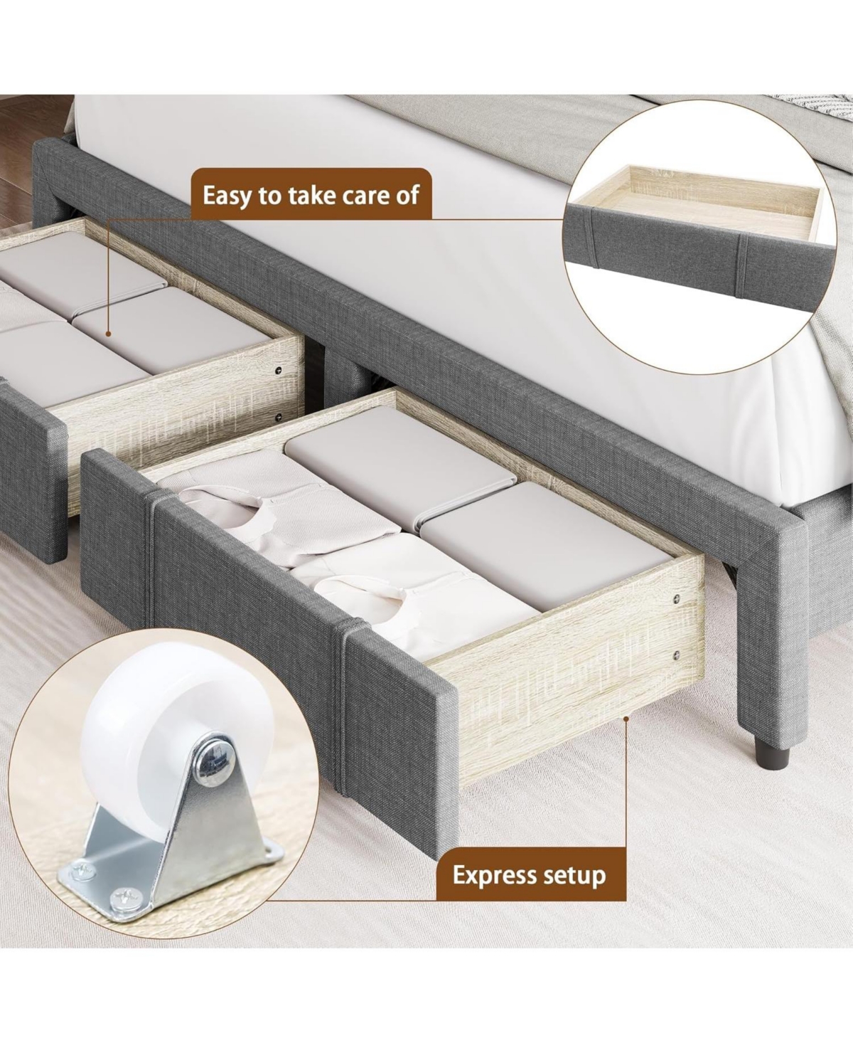 gaomon Bed Frame, Upholstered Platform Frame with Storage Drawers, Mattress Foundation Solid Wooden Slats Support,