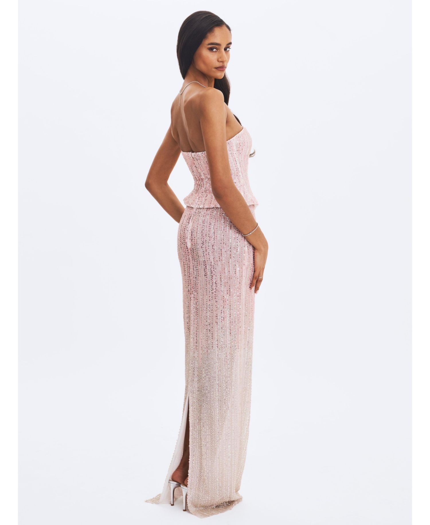 Women's Tosca Pink-to-White Beaded Gradient Strapless Maxi Dress